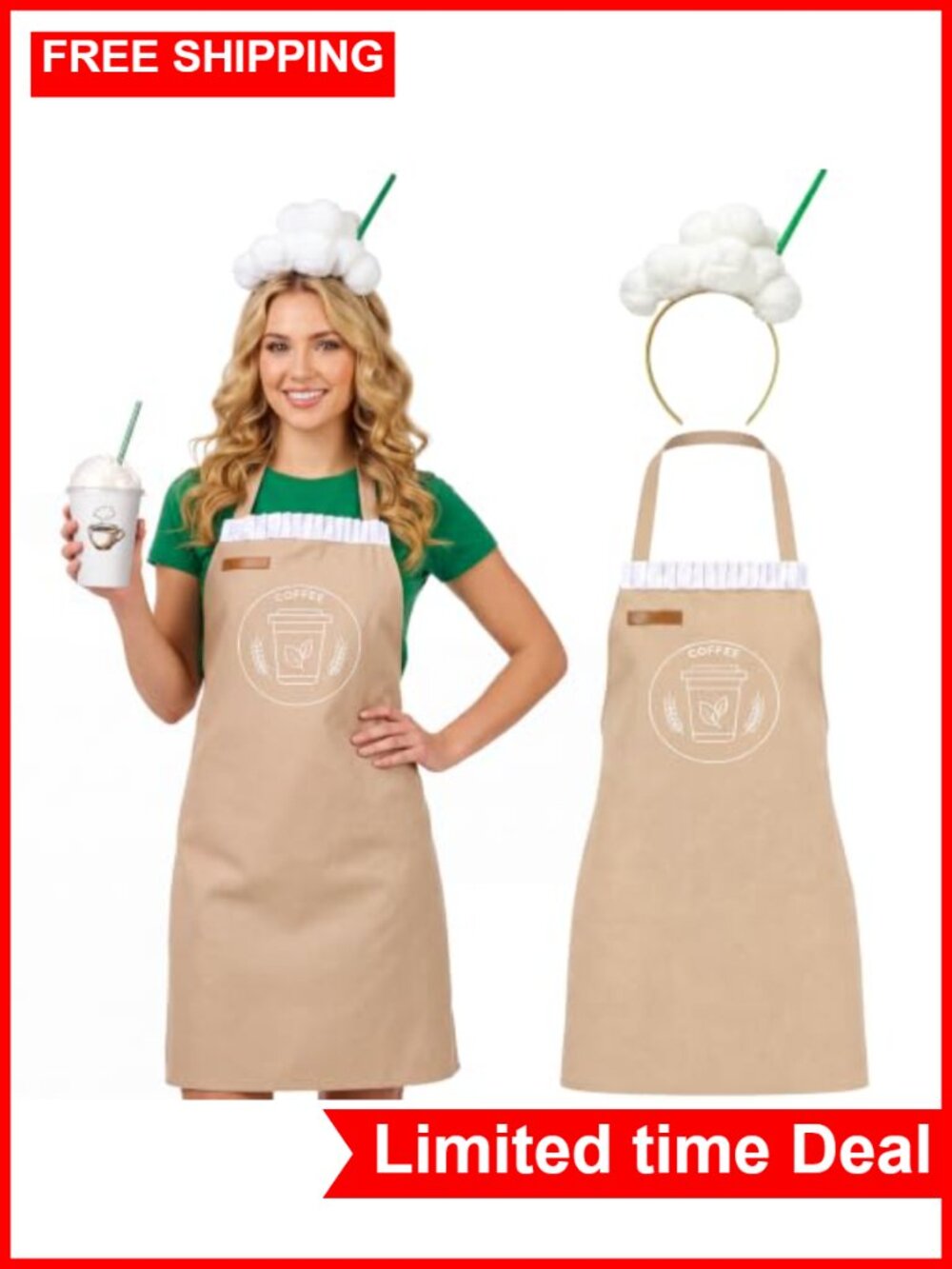 Coffee Barista Costume with Ruffled Apron and Straw Headband